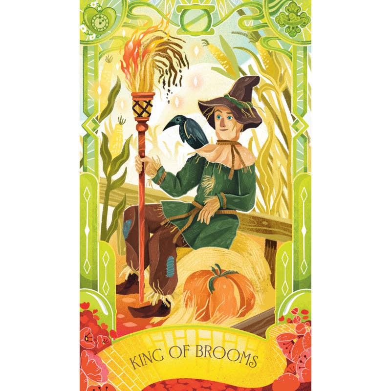 Card featuring a character labeled 'King of Brooms' with a broomstick and pumpkin, surrounded by decorative elements.