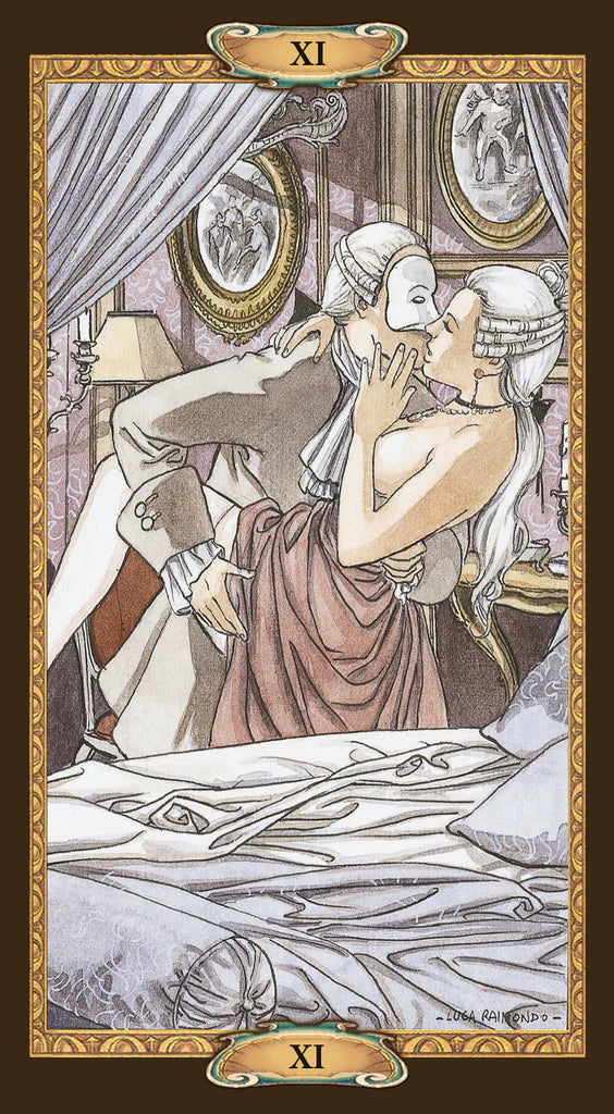 Tarot card with a stylized illustration of two people embracing, framed by decorative elements.