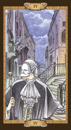 Tarot card IV with a person in a long coat and headscarf standing in an urban setting.