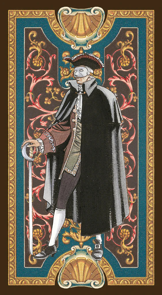 Illustration of a person in historical attire with decorative borders
