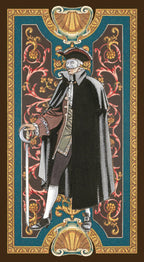 Decorative card with a person in historical attire against an ornate background