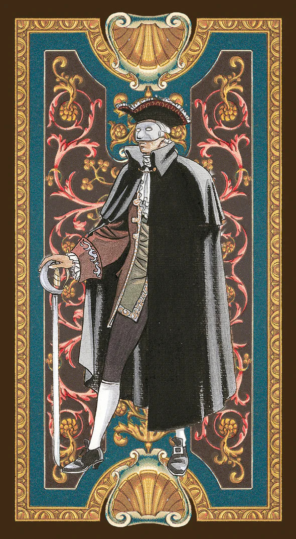 Decorative card with a person in historical attire against an ornate background