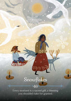 Illustration of a woman pulling a sled with a child through a snowy landscape, featuring text 'Snowflakes 40' and a quote.