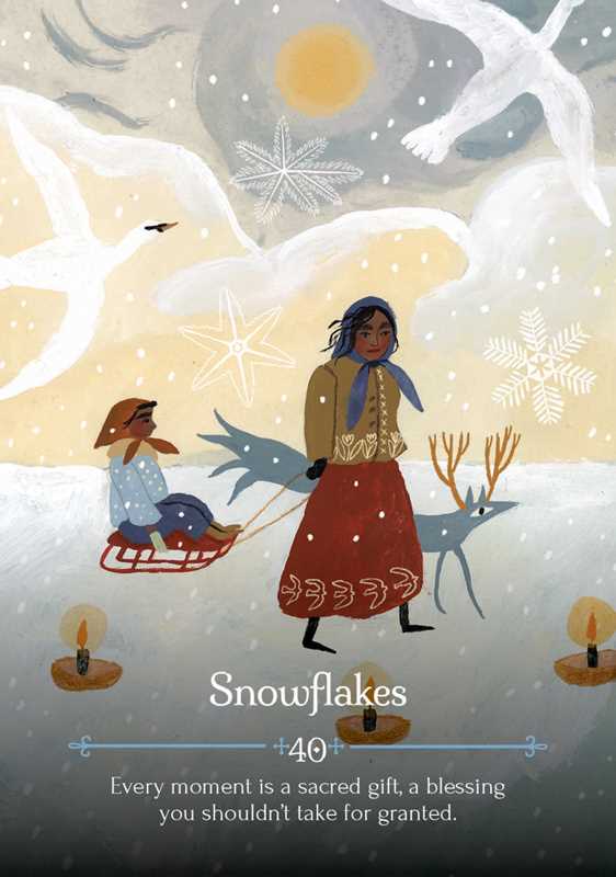 Illustration of a woman pulling a sled with a child through a snowy landscape, featuring text 'Snowflakes 40' and a quote.