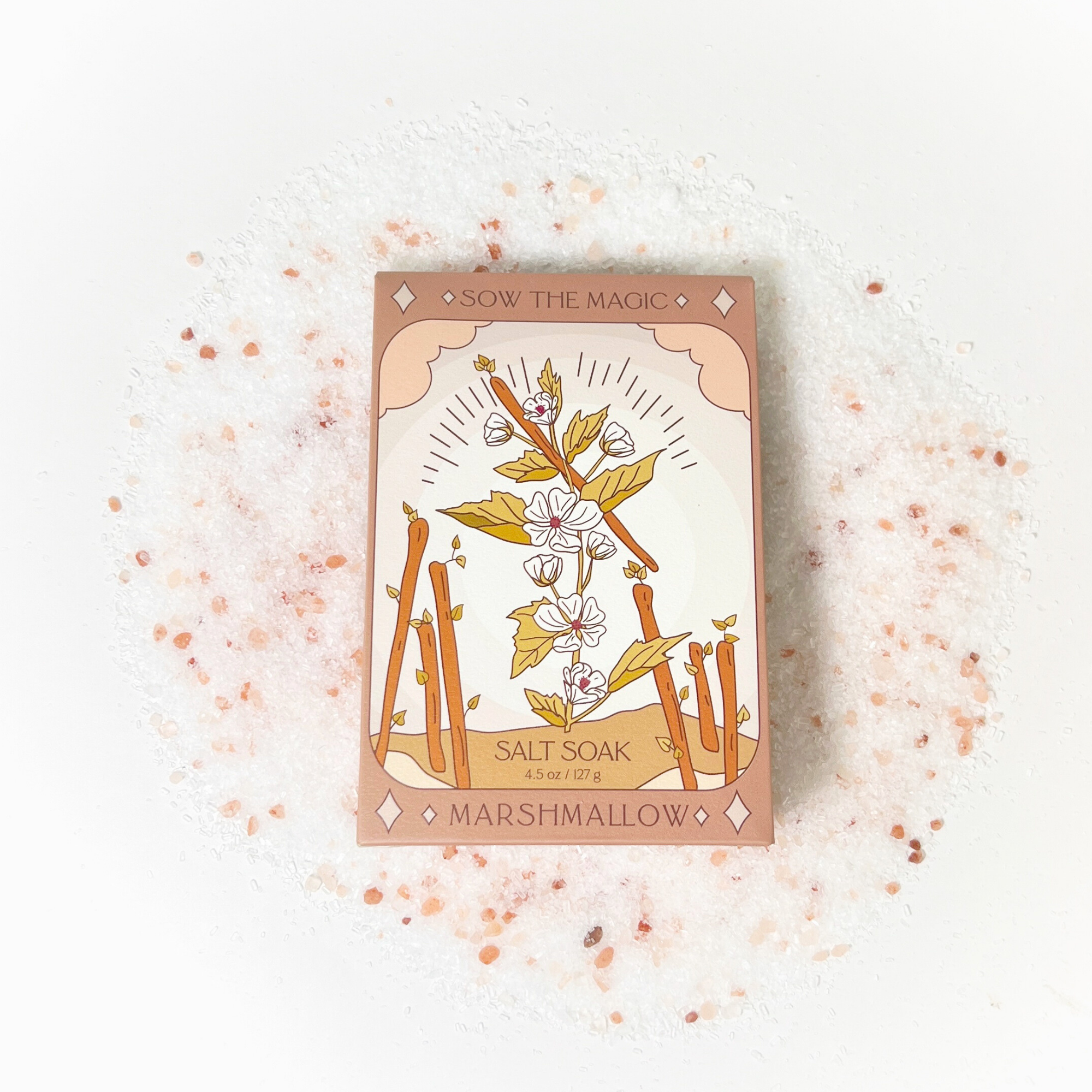 Salt soak packaging with floral design on a white background