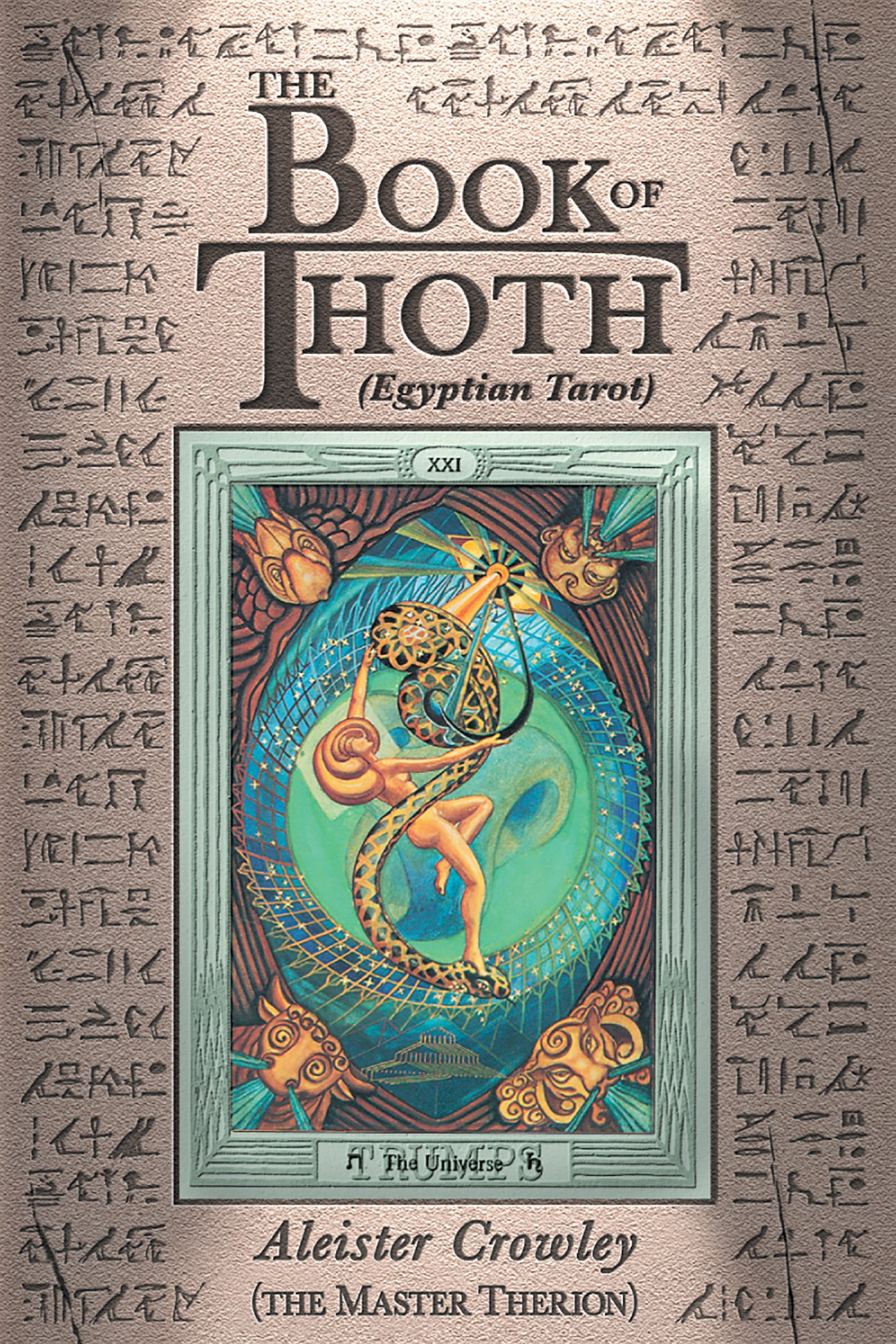 Cover of 'The Book of Thoth' Egyptian Tarot with decorative text and tarot card illustration.