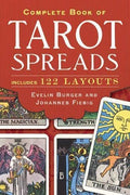 Book cover of 'Complete Book of Tarot Spreads' with tarot card images and text.