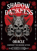 Book cover of 'Shadow of Darkness Oracle' with skulls and horns design on a red and black background.