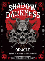 Book cover of 'Shadow of Darkness Oracle' with skulls and horns design on a red and black background.