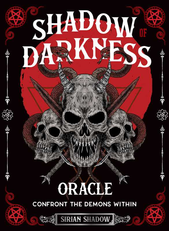 Book cover of 'Shadow of Darkness Oracle' with skulls and horns design on a red and black background.