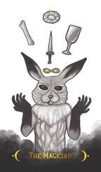 Illustration of a rabbit-like figure with tarot card design elements and 'The Magician' text.