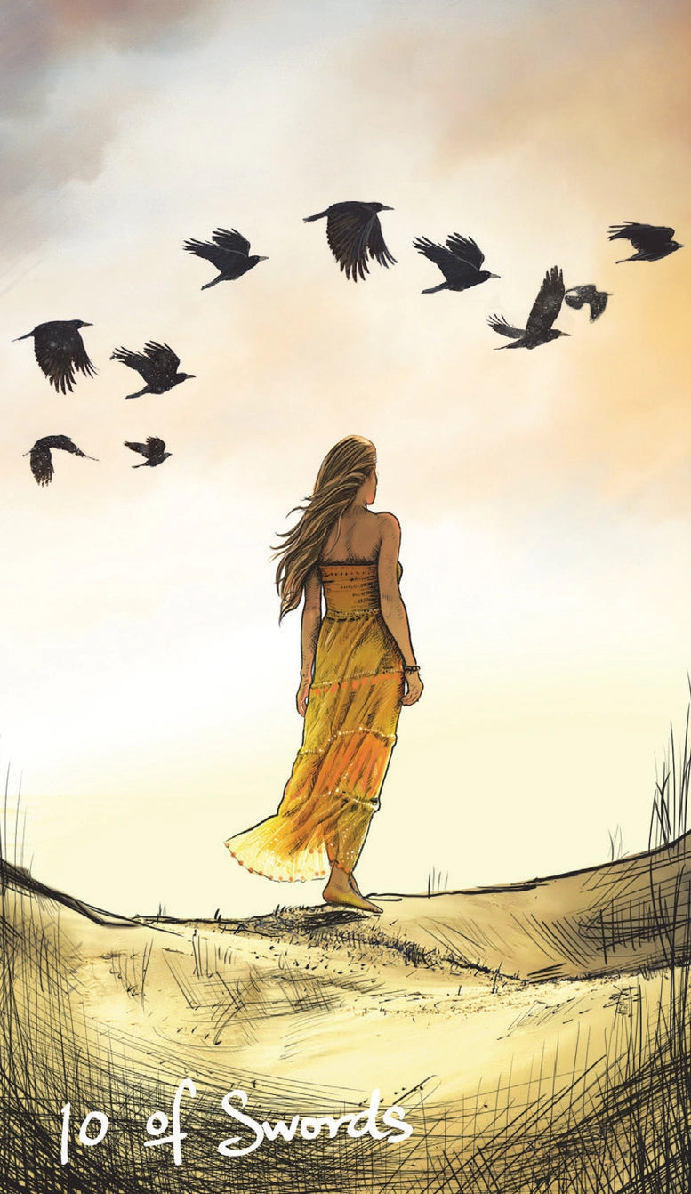 Woman in a yellow dress standing on a path with birds flying above, titled '10 of Swords'.