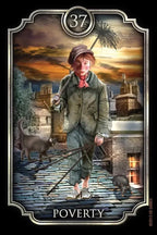 Tarot card featuring a character labeled 'Poverty' with a dark, atmospheric background.