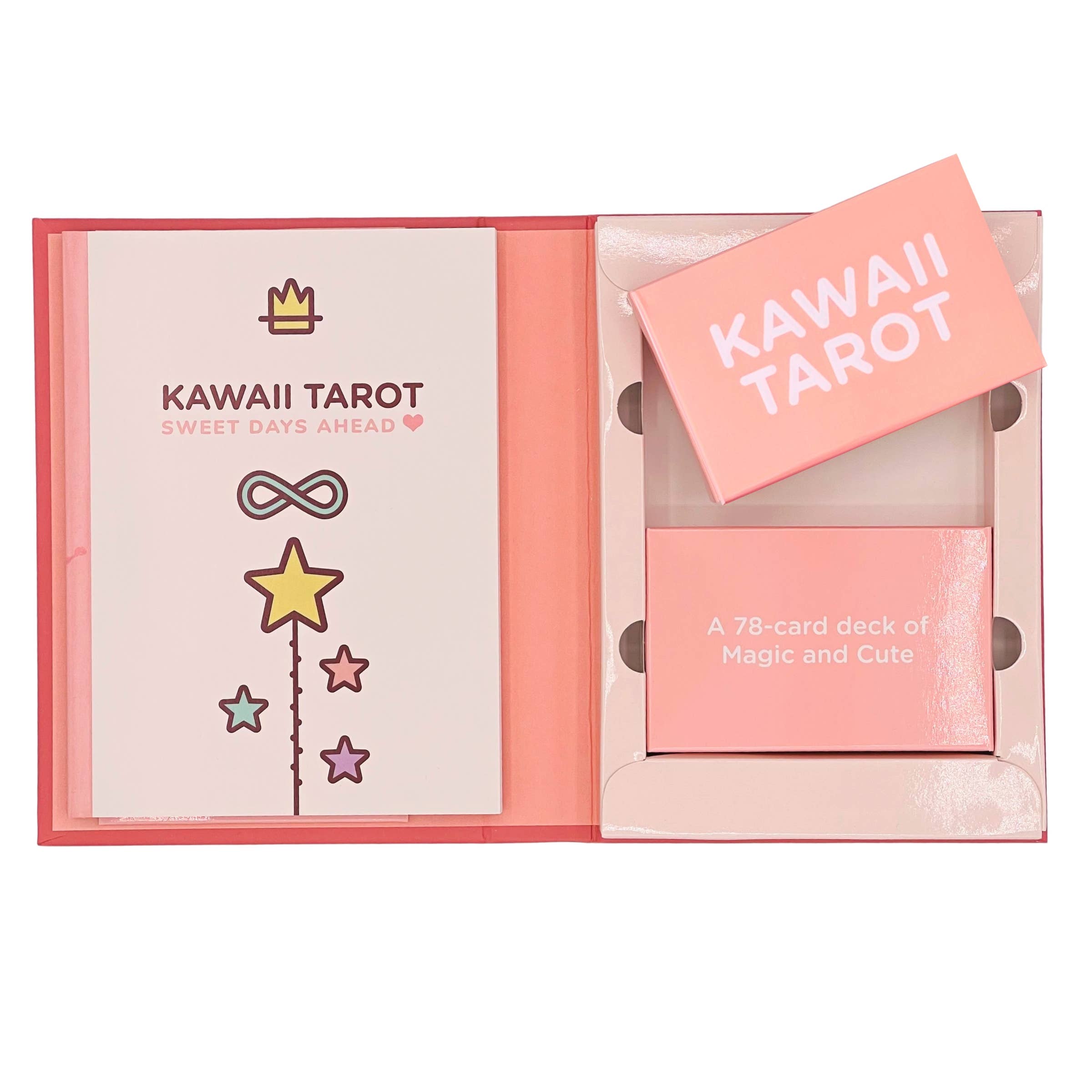 Kawaii Tarot card set with pink packaging and tarot cards on a white background