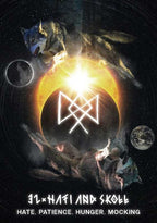 Wolf and moon design with a symbol, text 'Hati and Skoll' on a dark background