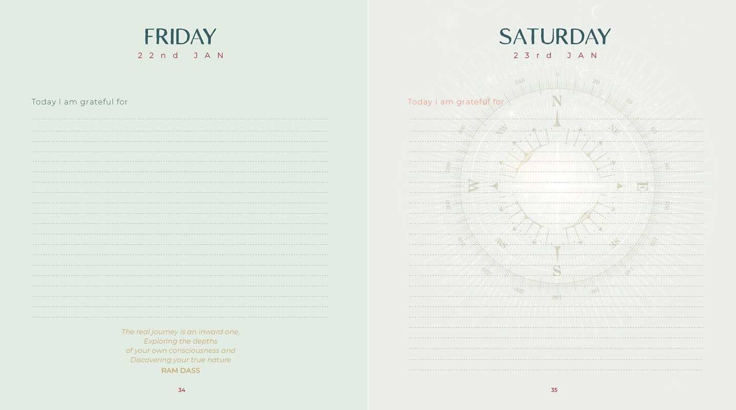 An open planner or journal spread showing Friday and Saturday pages with lined writing areas, decorative headers, and faint compass-style graphics on a light background.