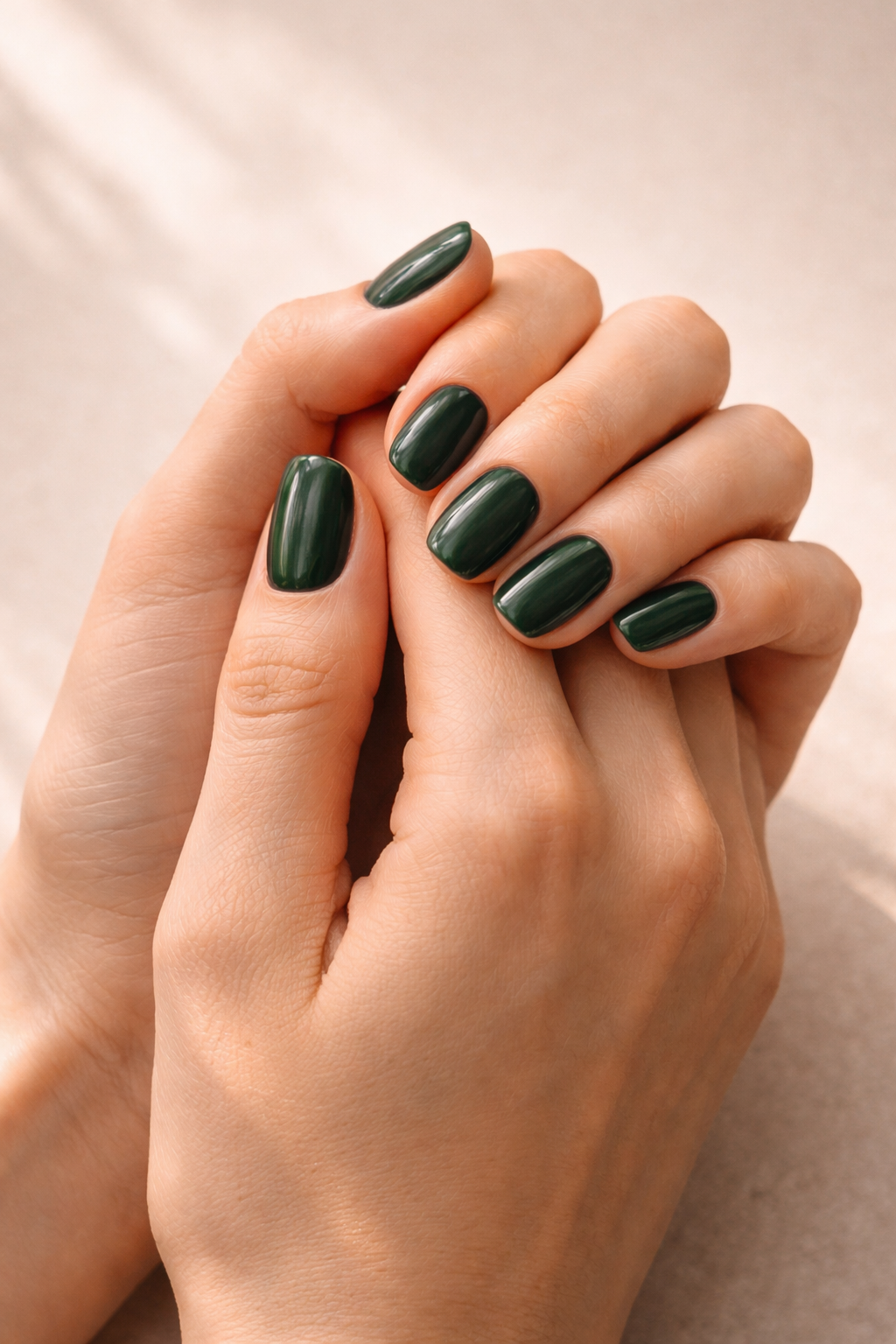 Close-up of hands with dark green nail polish on a neutral background