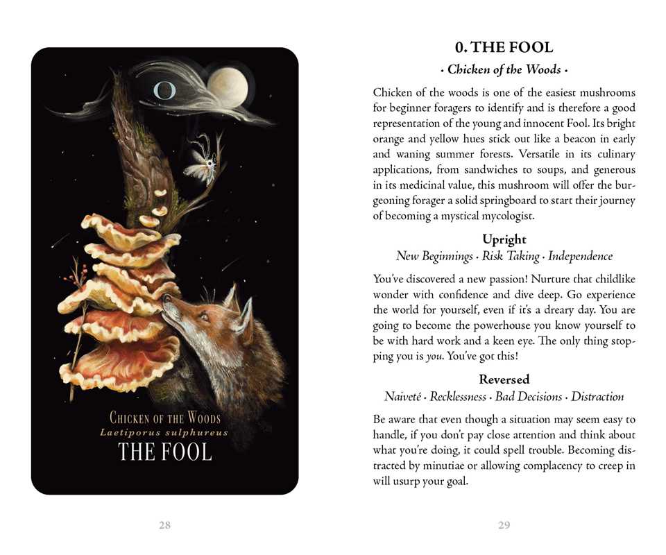 Card from a tarot or oracle deck featuring a mushroom and fox with descriptive text on a black background.
