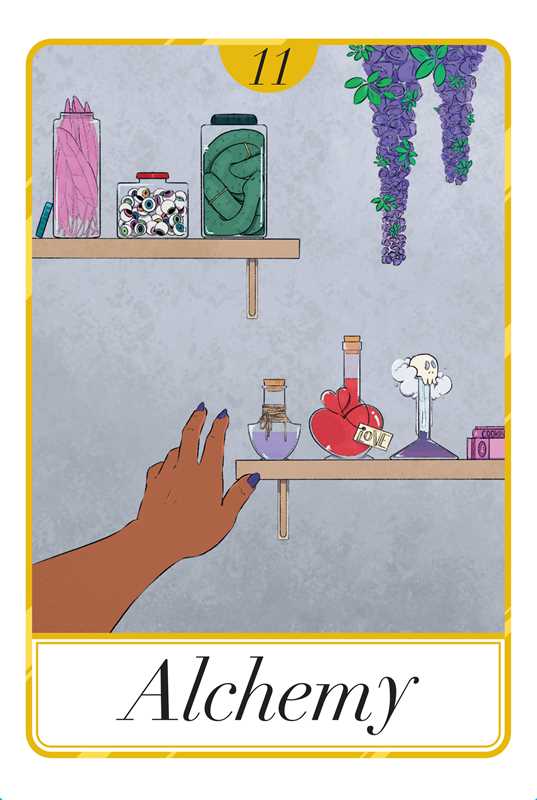 Card titled 'Alchemy' with a hand reaching towards shelves with various items on a gray background.