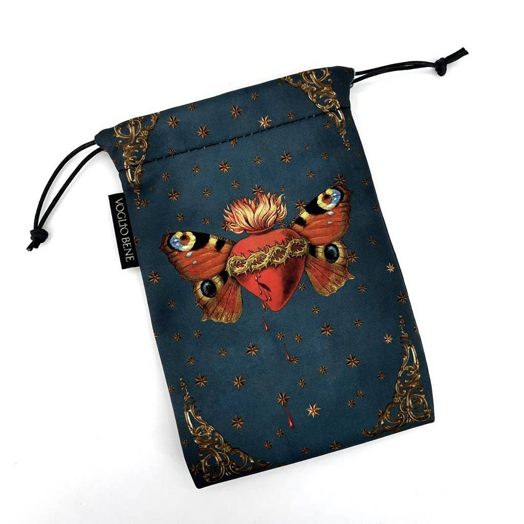 Drawstring bag with butterfly design on a blue background