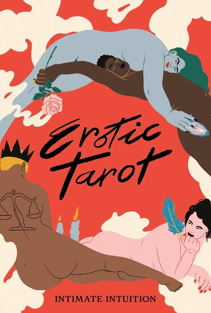 Cover of 'Erotic Tarot' with stylized illustrations and text on a red background