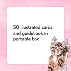 Illustrated card with a cat waving on a pink background, text indicating 50 illustrated cards and guidebook in portable box.
