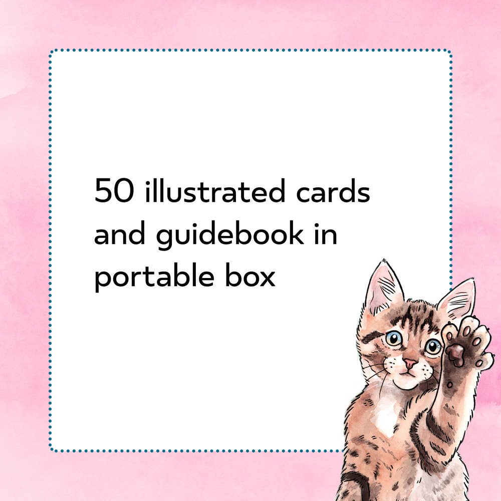 Illustrated card with a cat waving on a pink background, text indicating 50 illustrated cards and guidebook in portable box.