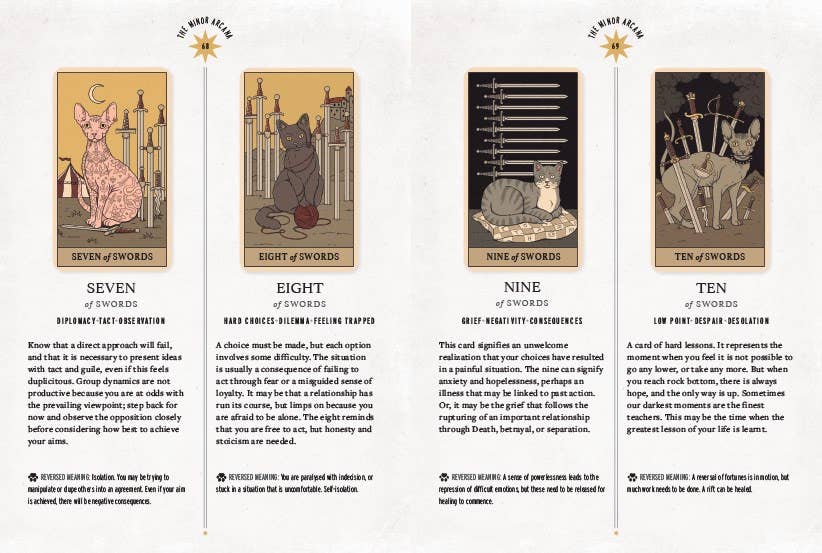 Four tarot cards from 'The Major Arcana' with illustrations and text on a white background.