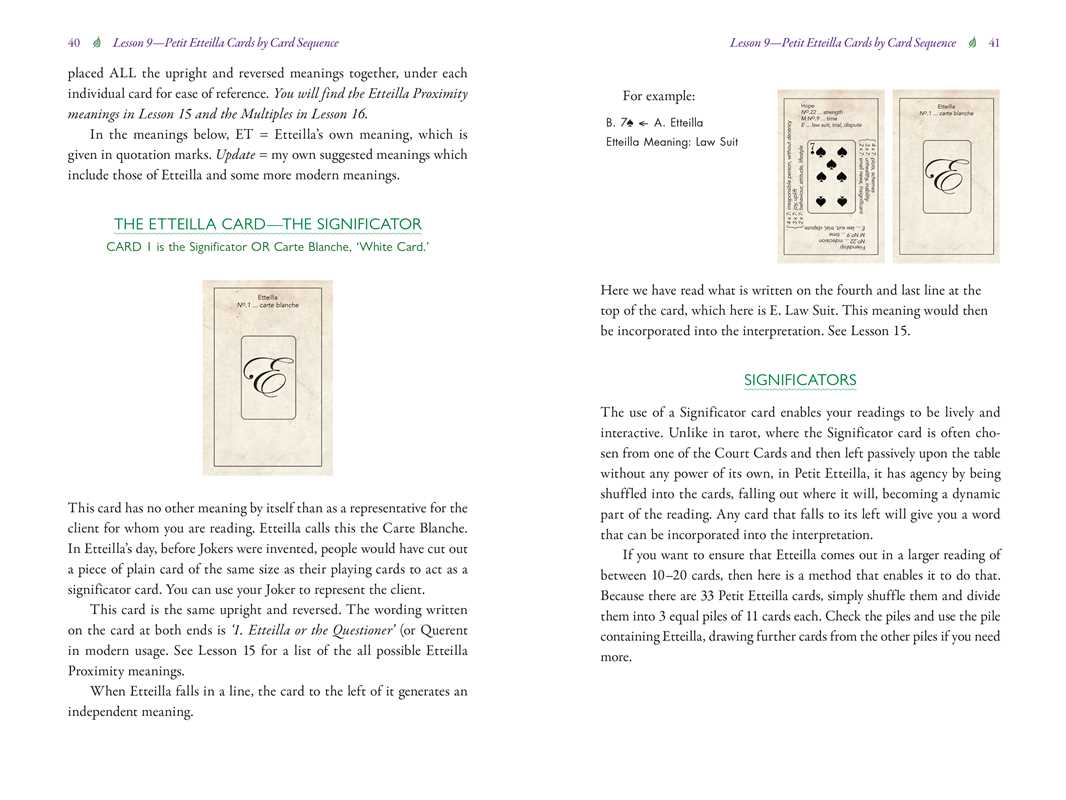 A printed page from a book or booklet showing card-reading instructions and examples, with text, small diagrams, and a card illustration on a white page.