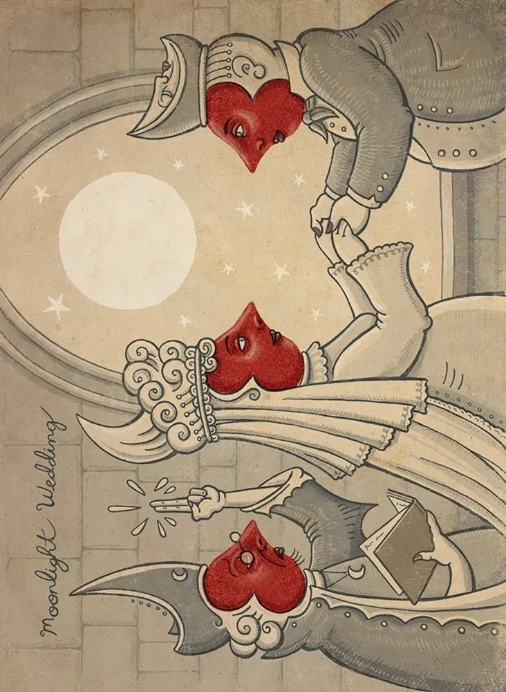 Illustration of a knight in armor holding a heart with a moon and stars in the background.
