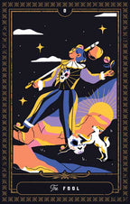 Tarot card featuring a stylized figure with a dog, set against a starry night sky.