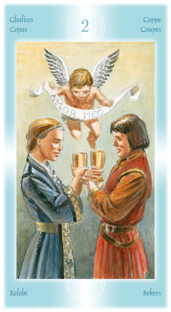 Tarot card with two people holding cups and an angel above them, on a light blue background.