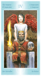 Tarot card featuring a figure with red wings and a bearded man holding a sword.