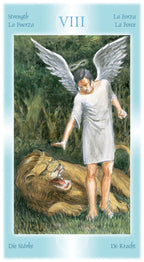 Card featuring an angel with wings standing over a lion, surrounded by nature.
