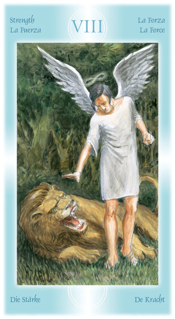 Card featuring an angel with wings standing over a lion, surrounded by nature.