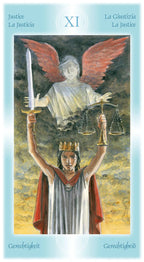Card featuring an angel with scales and a sword against a yellow and blue gradient background