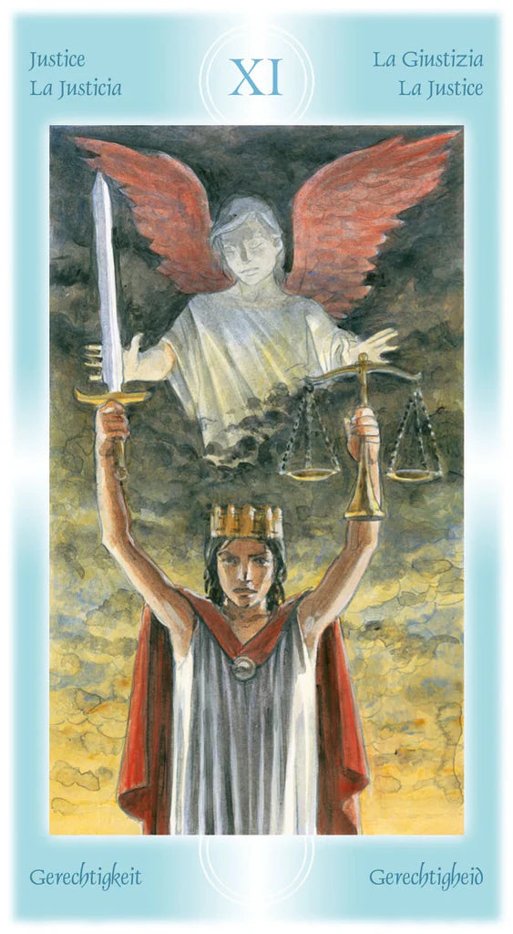 Card featuring an angel with scales and a sword against a yellow and blue gradient background