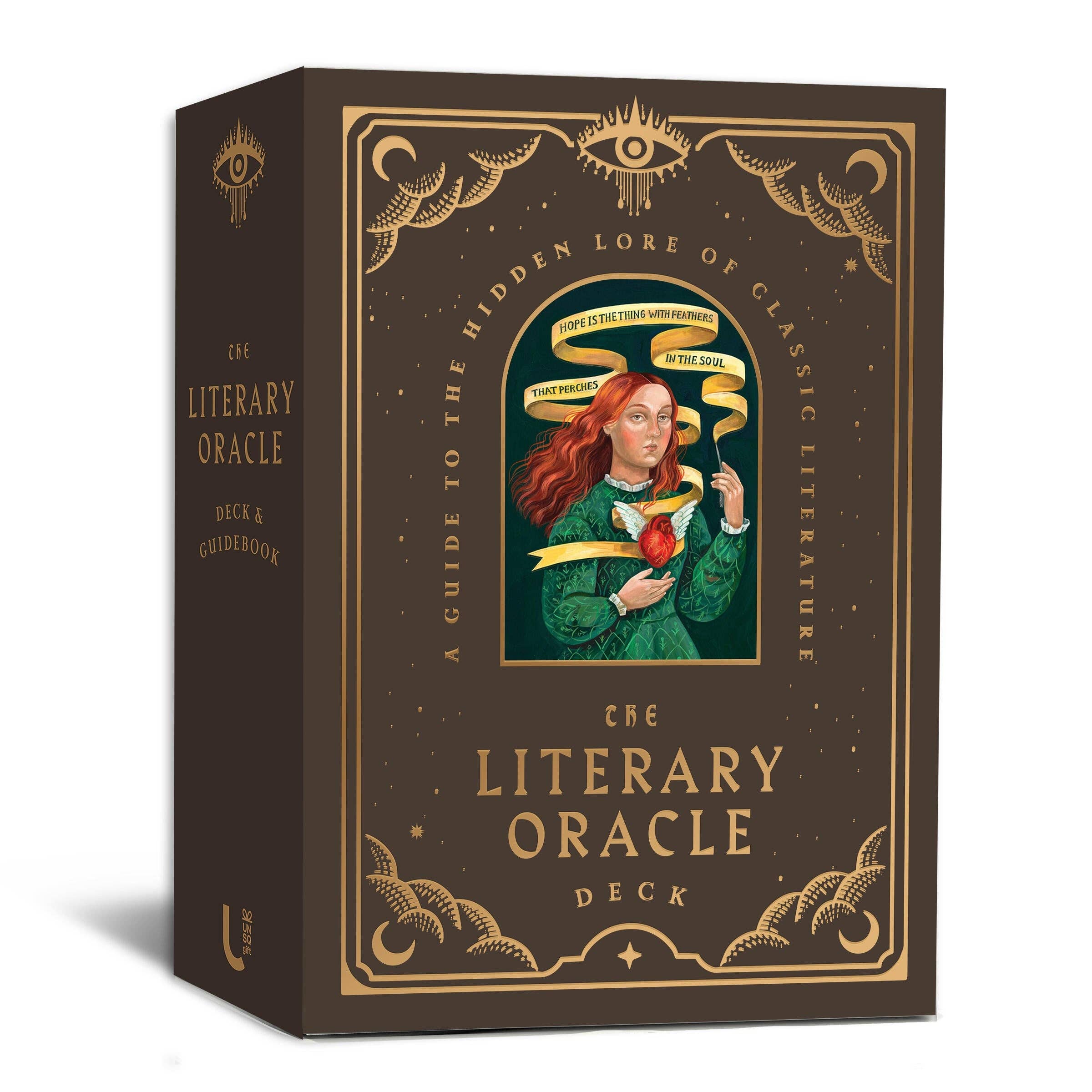 Box for 'The Literary Oracle' with decorative design and text on a white background