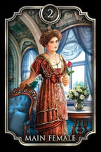 Vintage-style illustration of a woman holding flowers in an ornate room.