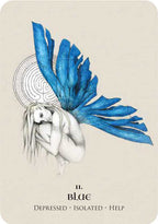 Illustration of a winged figure with blue feathers on a beige background, labeled 'Blue' for depressed, isolated, help.