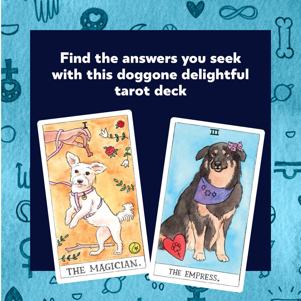 Two tarot cards featuring dogs, one labeled 'The Magician' and the other 'The Empress', on a blue background with tarot card symbols.