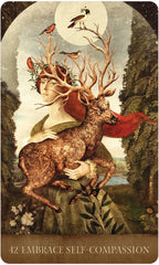 Folklore-style illustration of a person with deer-like features holding a stag, with birds on branches above, in a natural setting.