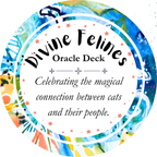 A circular product graphic for the Divine Felines Oracle Deck, featuring a colorful watercolor border with blue, green, yellow, and orange patterns, and a white center with black text reading 'Divine Felines Oracle Deck' and 'Celebrating the magical connection between cats and their people.'.
