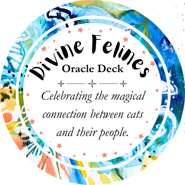 A circular product graphic for the Divine Felines Oracle Deck, featuring a colorful watercolor border with blue, green, yellow, and orange patterns, and a white center with black text reading 'Divine Felines Oracle Deck' and 'Celebrating the magical connection between cats and their people.'.