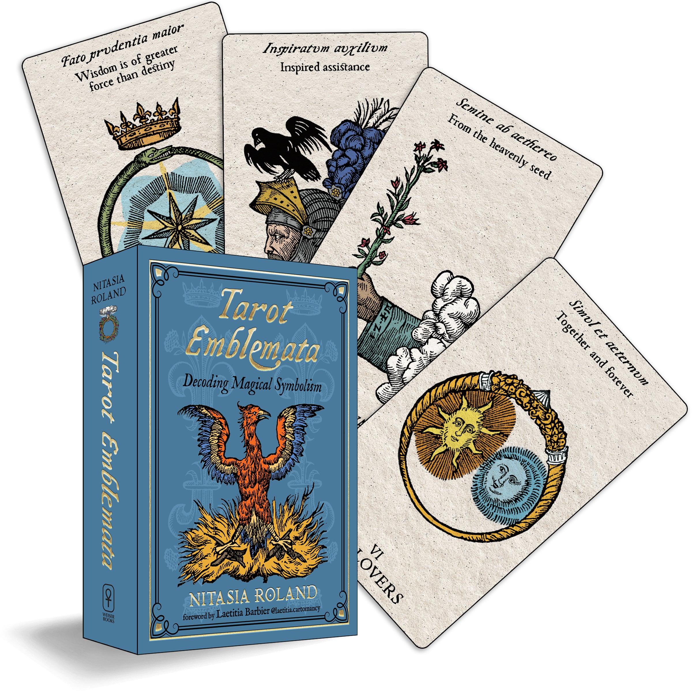 Tarot card set with 'Tarot Emblemata' box on a white background