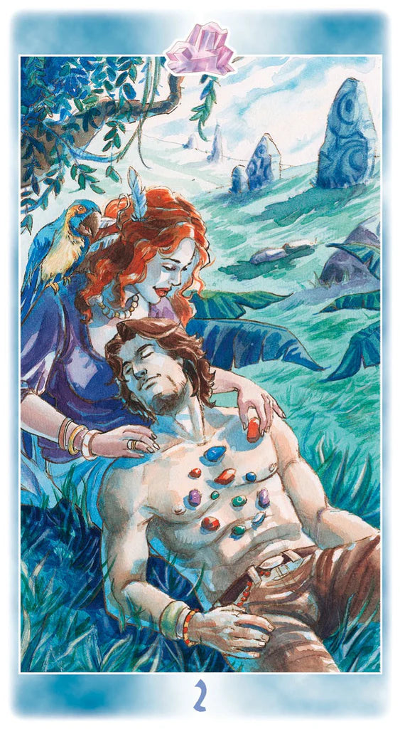 Artistic depiction of a woman with red hair attending to a man's chest with colorful stones in a fantasy landscape.