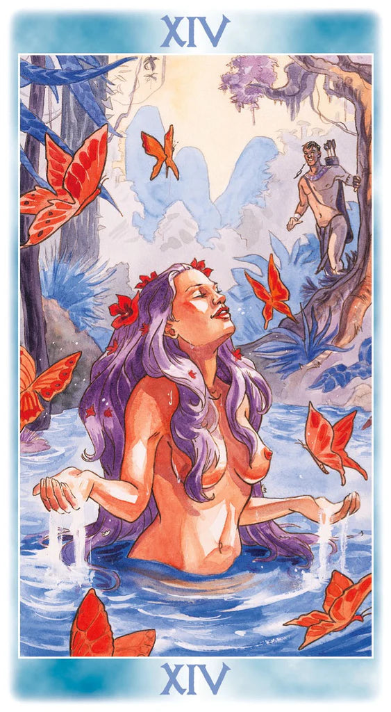 Tarot card with a woman in water surrounded by butterflies and a man on a rock, labeled 'XIV'.