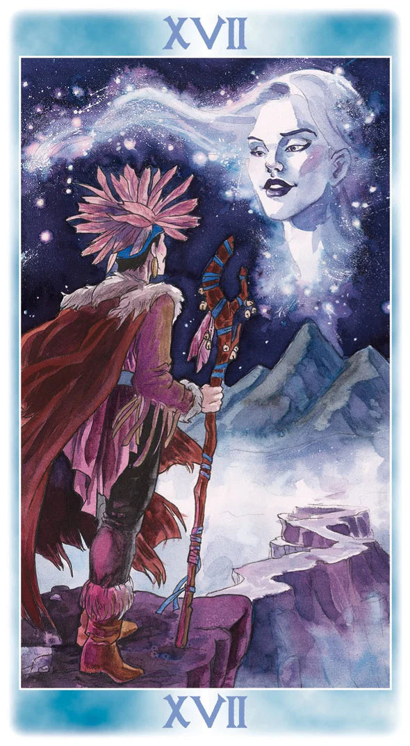 Tarot card featuring a figure with a staff and another figure with white hair against a starry sky.