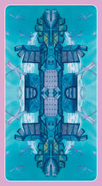 Geometric design with blue and gray shapes on a teal background