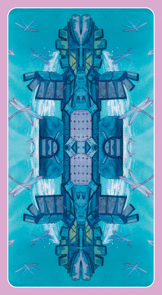 Geometric design with blue and gray shapes on a teal background